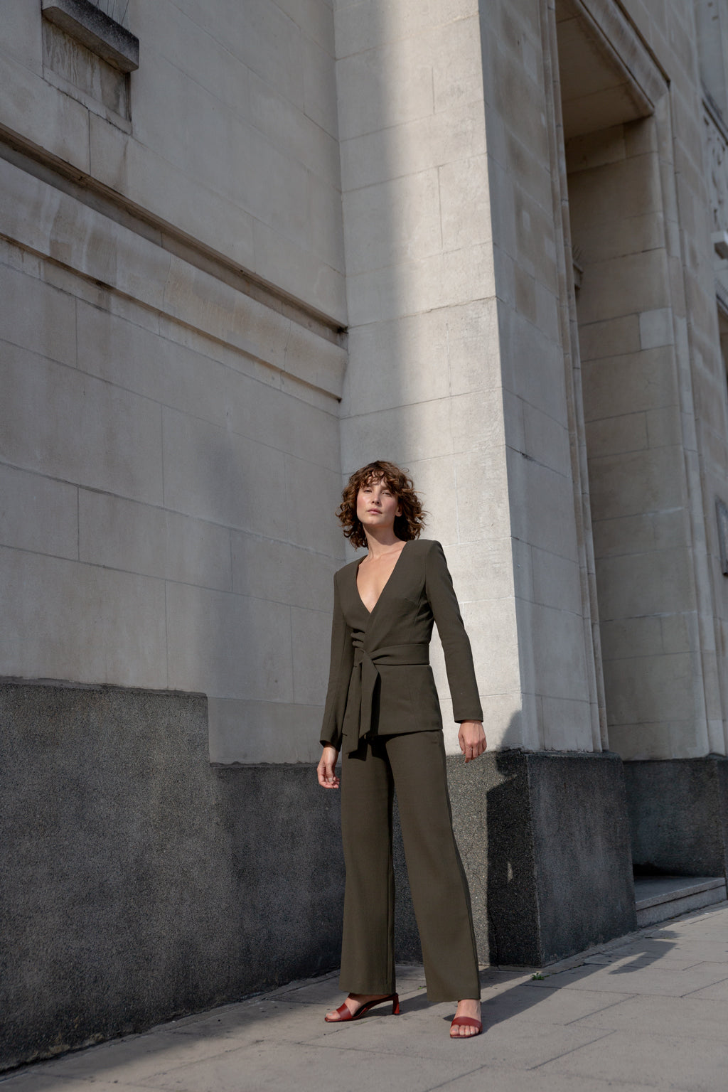 collarless V neck green blazer