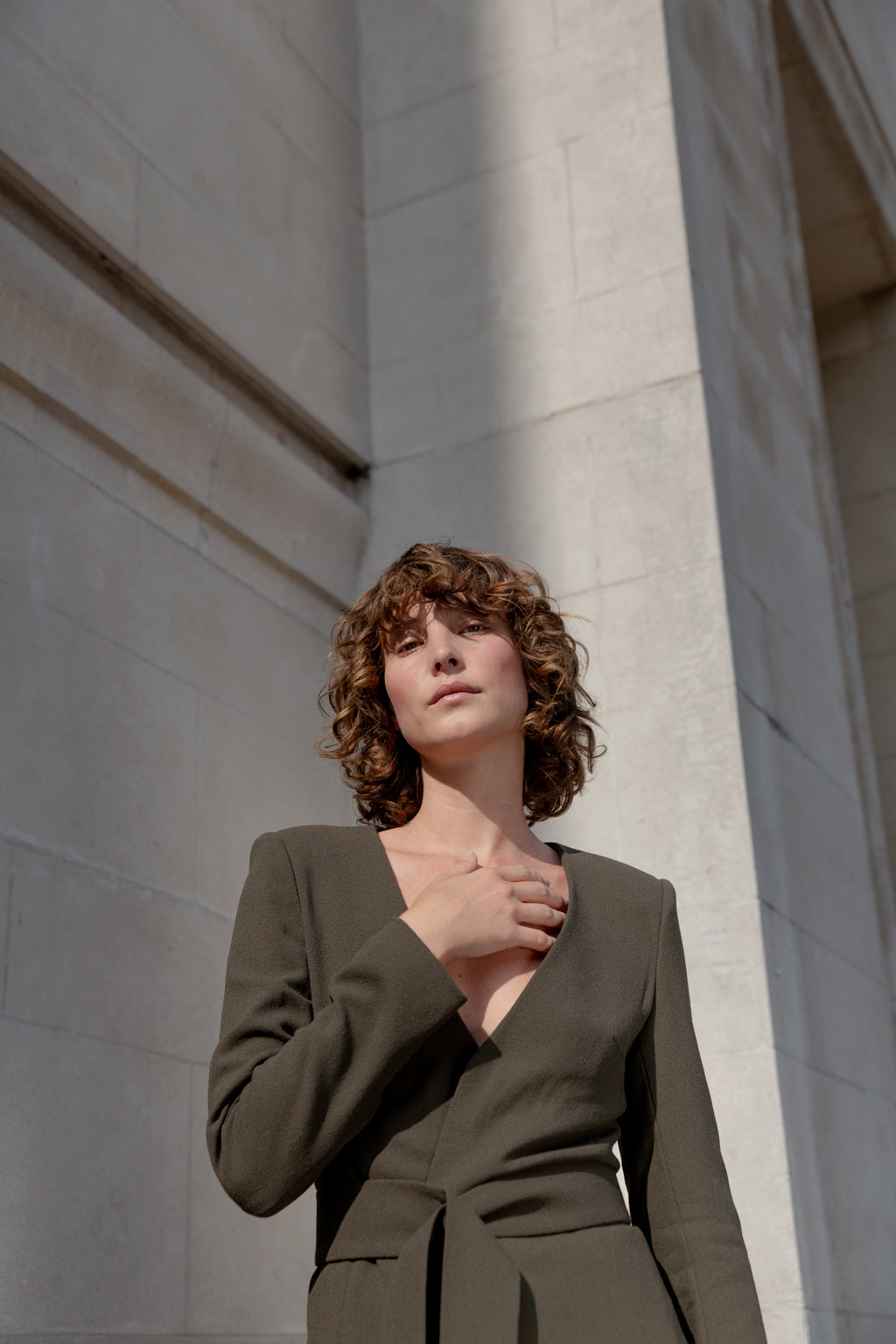 collarless V neck green blazer