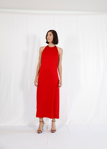 halter neck red dress